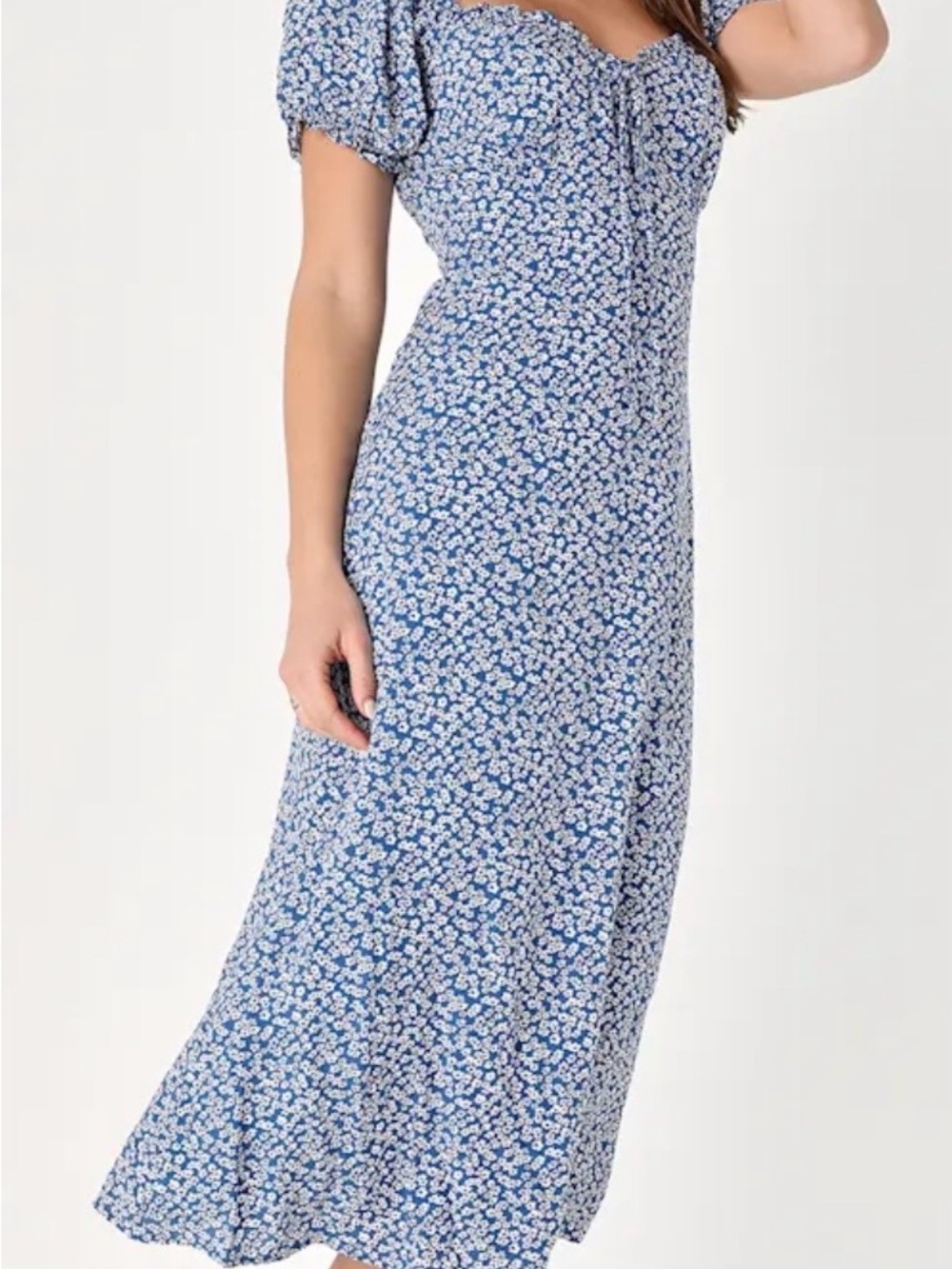 Lulu's Blue and White Puff Sleeve Floral Midi Dress